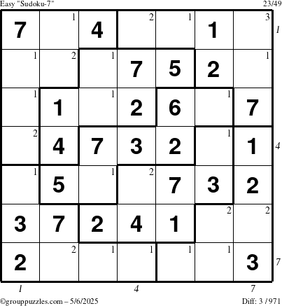The grouppuzzles.com Easy Sudoku-7 puzzle for Tuesday May 6, 2025 with all 3 steps marked