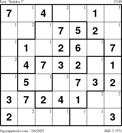 The grouppuzzles.com Easy Sudoku-7 puzzle for Tuesday May 6, 2025 with the first 3 steps marked
