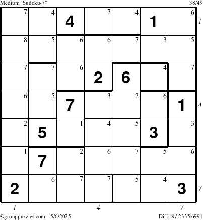 The grouppuzzles.com Medium Sudoku-7 puzzle for Tuesday May 6, 2025 with all 8 steps marked