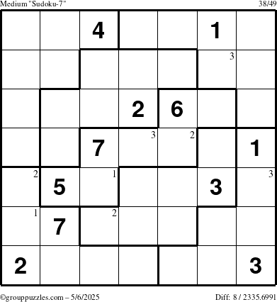 The grouppuzzles.com Medium Sudoku-7 puzzle for Tuesday May 6, 2025 with the first 3 steps marked