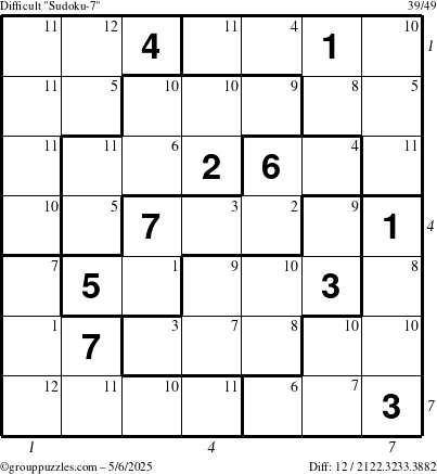 The grouppuzzles.com Difficult Sudoku-7 puzzle for Tuesday May 6, 2025 with all 12 steps marked