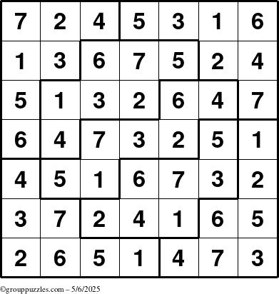 The grouppuzzles.com Answer grid for the Sudoku-7 puzzle for Tuesday May 6, 2025