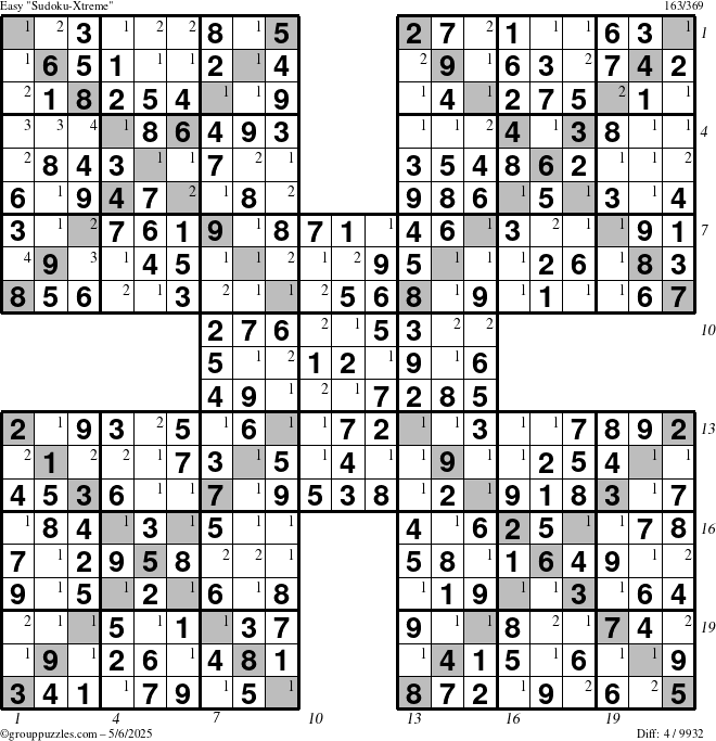 The grouppuzzles.com Easy Sudoku-Xtreme puzzle for Tuesday May 6, 2025 with all 4 steps marked
