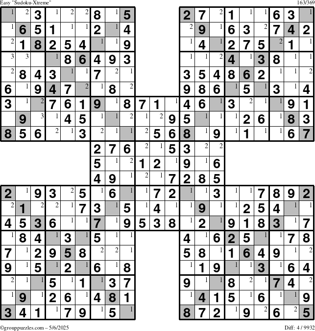 The grouppuzzles.com Easy Sudoku-Xtreme puzzle for Tuesday May 6, 2025 with the first 3 steps marked