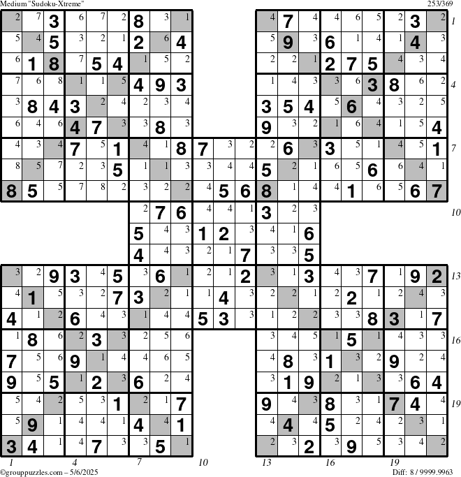 The grouppuzzles.com Medium Sudoku-Xtreme puzzle for Tuesday May 6, 2025 with all 8 steps marked