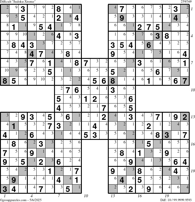 The grouppuzzles.com Difficult Sudoku-Xtreme puzzle for Tuesday May 6, 2025 with all 10 steps marked