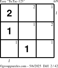 The grouppuzzles.com Easy TicTac-123 puzzle for Tuesday May 6, 2025 with all 2 steps marked