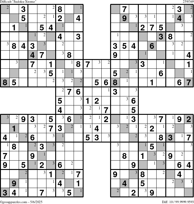 The grouppuzzles.com Difficult Sudoku-Xtreme puzzle for Tuesday May 6, 2025 with the first 3 steps marked