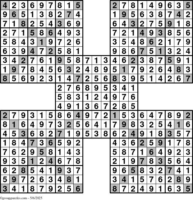 The grouppuzzles.com Answer grid for the Sudoku-Xtreme puzzle for Tuesday May 6, 2025