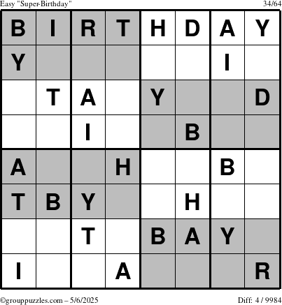 The grouppuzzles.com Easy Super-Birthday puzzle for Tuesday May 6, 2025