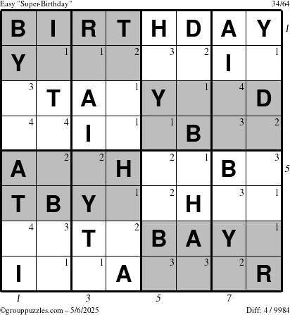 The grouppuzzles.com Easy Super-Birthday puzzle for Tuesday May 6, 2025 with all 4 steps marked