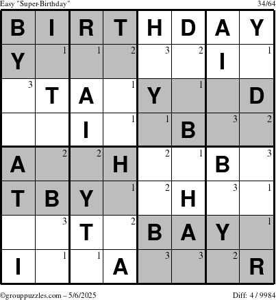 The grouppuzzles.com Easy Super-Birthday puzzle for Tuesday May 6, 2025 with the first 3 steps marked