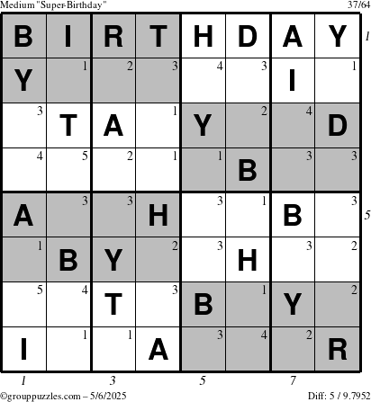 The grouppuzzles.com Medium Super-Birthday puzzle for Tuesday May 6, 2025 with all 5 steps marked
