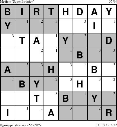 The grouppuzzles.com Medium Super-Birthday puzzle for Tuesday May 6, 2025 with the first 3 steps marked