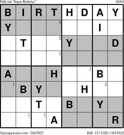 The grouppuzzles.com Difficult Super-Birthday puzzle for Tuesday May 6, 2025 with the first 3 steps marked