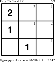 The grouppuzzles.com Easy TicTac-123 puzzle for Tuesday May 6, 2025 with the first 2 steps marked