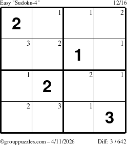 The grouppuzzles.com Easy Sudoku-4 puzzle for Saturday April 11, 2026 with the first 3 steps marked