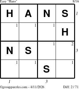 The grouppuzzles.com Easy Hans puzzle for Saturday April 11, 2026, suitable for printing, with all 2 steps marked