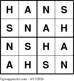 The grouppuzzles.com Answer grid for the Hans puzzle for Saturday April 11, 2026