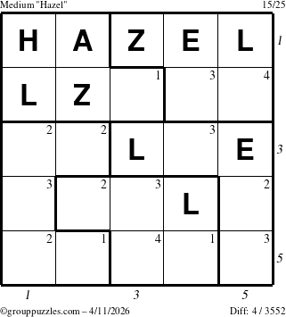 The grouppuzzles.com Medium Hazel puzzle for Saturday April 11, 2026, suitable for printing, with all 4 steps marked