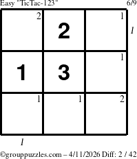 The grouppuzzles.com Easy TicTac-123 puzzle for Saturday April 11, 2026, suitable for printing, with all 2 steps marked