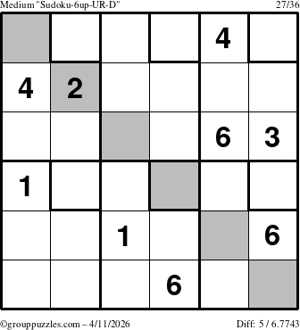 The grouppuzzles.com Medium Sudoku-6up-UR-D puzzle for Saturday April 11, 2026
