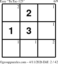 The grouppuzzles.com Easy TicTac-123 puzzle for Saturday April 11, 2026 with the first 2 steps marked