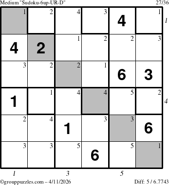 The grouppuzzles.com Medium Sudoku-6up-UR-D puzzle for Saturday April 11, 2026, suitable for printing, with all 5 steps marked