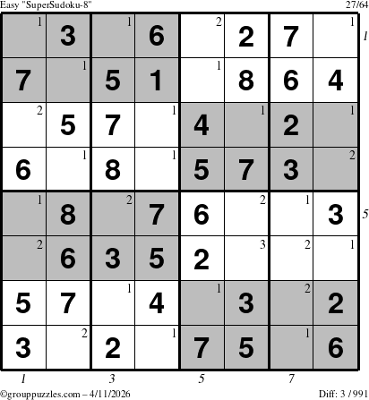 The grouppuzzles.com Easy SuperSudoku-8 puzzle for Saturday April 11, 2026 with all 3 steps marked