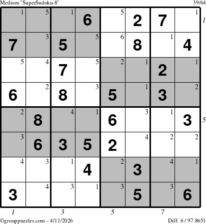 The grouppuzzles.com Medium SuperSudoku-8 puzzle for Saturday April 11, 2026, suitable for printing, with all 6 steps marked