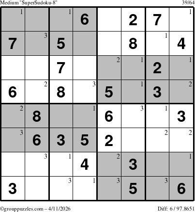 The grouppuzzles.com Medium SuperSudoku-8 puzzle for Saturday April 11, 2026 with the first 3 steps marked