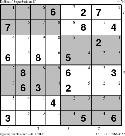 The grouppuzzles.com Difficult SuperSudoku-8 puzzle for Saturday April 11, 2026 with all 9 steps marked