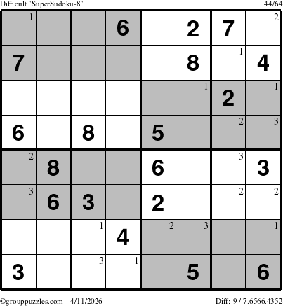 The grouppuzzles.com Difficult SuperSudoku-8 puzzle for Saturday April 11, 2026 with the first 3 steps marked
