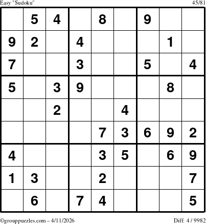 The grouppuzzles.com Easy Sudoku puzzle for Saturday April 11, 2026