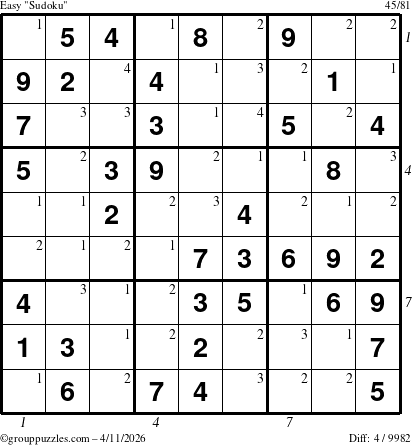 The grouppuzzles.com Easy Sudoku puzzle for Saturday April 11, 2026 with all 4 steps marked