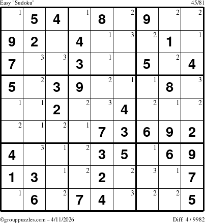 The grouppuzzles.com Easy Sudoku puzzle for Saturday April 11, 2026 with the first 3 steps marked