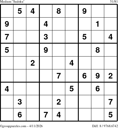 The grouppuzzles.com Medium Sudoku puzzle for Saturday April 11, 2026