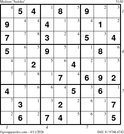 The grouppuzzles.com Medium Sudoku puzzle for Saturday April 11, 2026, suitable for printing, with all 8 steps marked