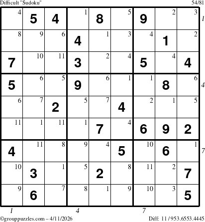The grouppuzzles.com Difficult Sudoku puzzle for Saturday April 11, 2026 with all 11 steps marked