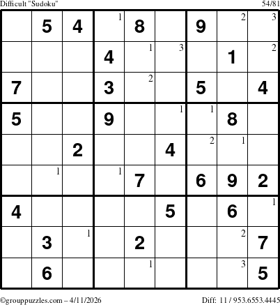 The grouppuzzles.com Difficult Sudoku puzzle for Saturday April 11, 2026 with the first 3 steps marked