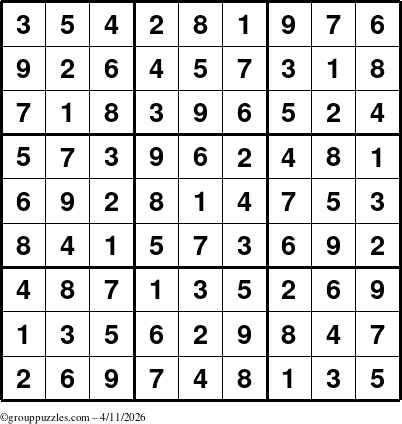 The grouppuzzles.com Answer grid for the Sudoku puzzle for Saturday April 11, 2026