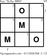 The grouppuzzles.com Easy TicTac-MNO puzzle for Saturday April 11, 2026, suitable for printing, with all 2 steps marked