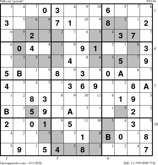The grouppuzzles.com Difficult tpsmith puzzle for Saturday April 11, 2026 with all 11 steps marked