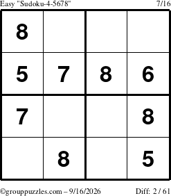 The grouppuzzles.com Easy Sudoku-4-5678 puzzle for Wednesday September 16, 2026
