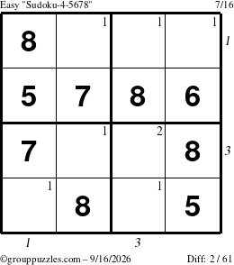 The grouppuzzles.com Easy Sudoku-4-5678 puzzle for Wednesday September 16, 2026, suitable for printing, with all 2 steps marked