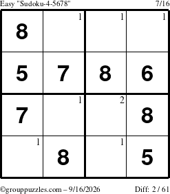 The grouppuzzles.com Easy Sudoku-4-5678 puzzle for Wednesday September 16, 2026 with the first 2 steps marked