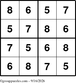 The grouppuzzles.com Answer grid for the Sudoku-4-5678 puzzle for Wednesday September 16, 2026