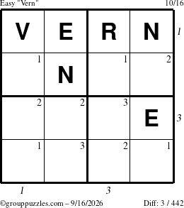 The grouppuzzles.com Easy Vern puzzle for Wednesday September 16, 2026 with all 3 steps marked