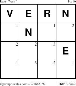 The grouppuzzles.com Easy Vern puzzle for Wednesday September 16, 2026 with the first 3 steps marked