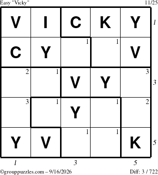 The grouppuzzles.com Easy Vicky puzzle for Wednesday September 16, 2026, suitable for printing, with all 3 steps marked